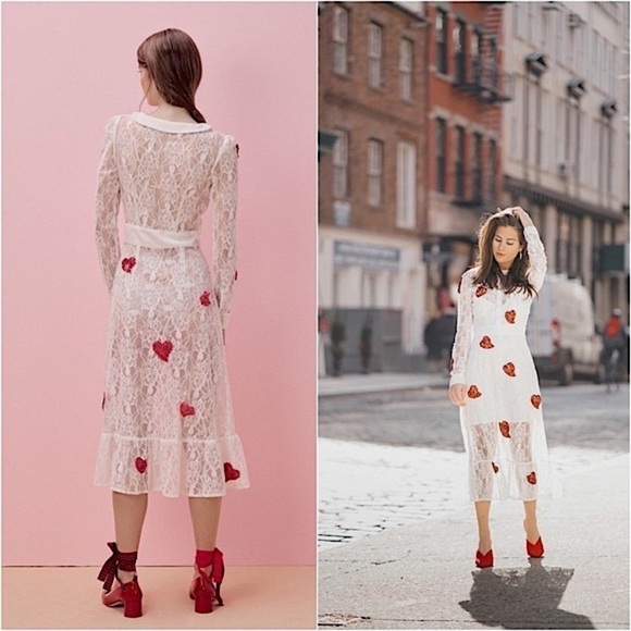 NWT FOR LOVE & LEMONS x JAMIE KING White Lace Red Sequin Hearts Midi Dress Sz S - Picture 10 of 14